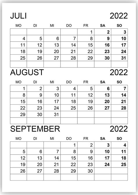 Kalender Juli August September 2022 Kalendersu