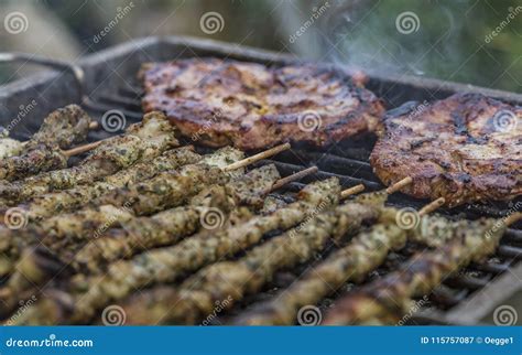 Meat On A Charcoal Grill Stock Image Image Of Charcoal 115757087