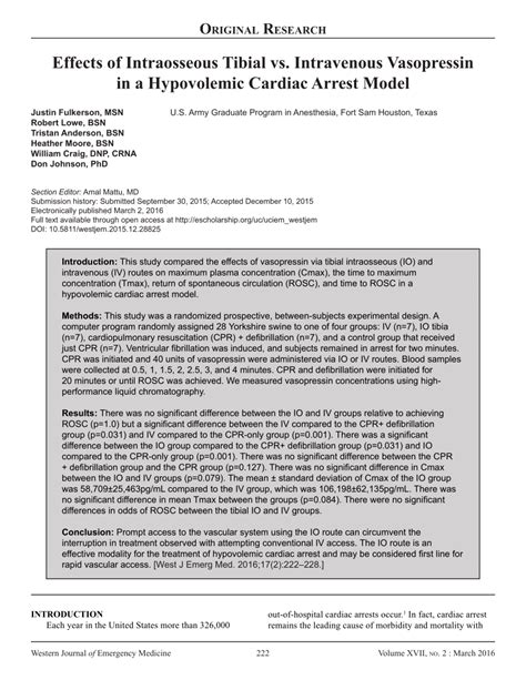 Pdf Effects Of Intraosseous Tibial Vs Intravenous Vasopressin In A