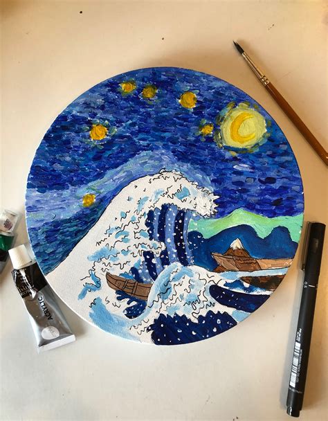 Starry Night X The Great Wave Off Kanagawa Round Canvas Painting