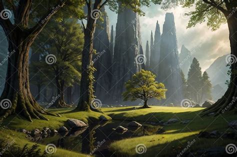 Landscape Of A Fantastic Elven Forest Desktop Background Ai Generate