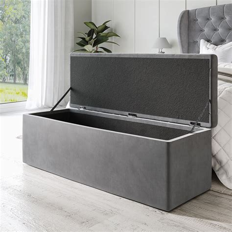 Safina Grey Velvet Ottoman Blanket Box For End Of Bed Storage