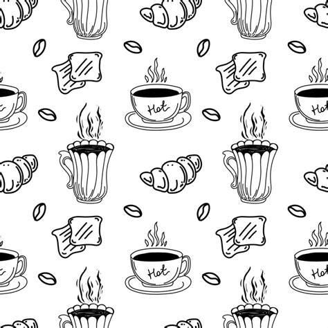 A Seamless Pattern Of Coffee Cups Croissants Toast And Coffee Beans Hand Drawn Doodle
