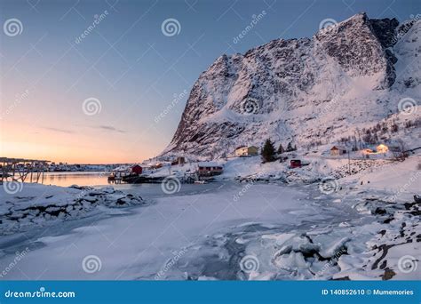 Sunrise On Lofoten Archopelago With Scandinavian Village In Valley