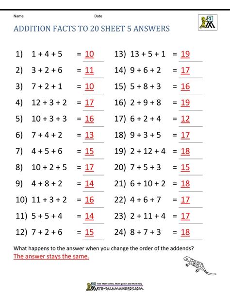 Addition Facts To 20 Sheet 5 Math Addition Worksheets Math Facts