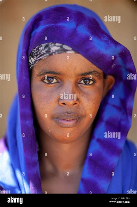Portrait Of A Somali Woman In Blue Hijab North Western Province Berbera Somaliland Stock