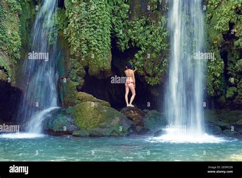 Woman In Bikini Under The Waterfall Cascade Du Baou France Provence