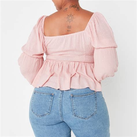 Missguided Plus Size Dobby Puff Sleeve Peplum Top Blouses Long