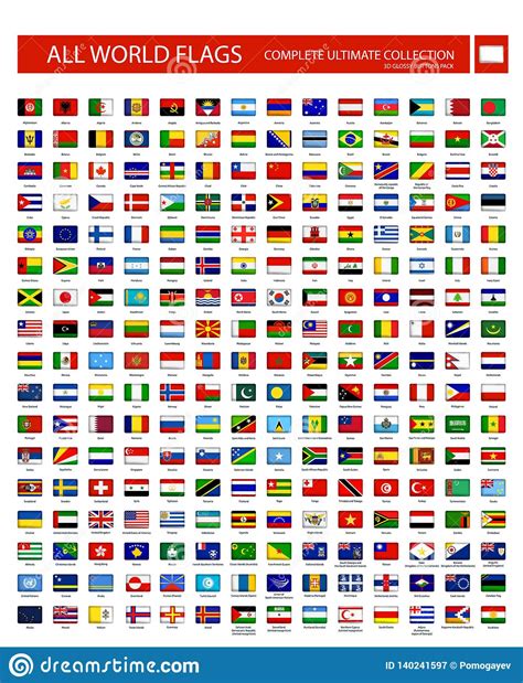 All World Flags Round Rectangle 3d Glossy Button Icons Isolated White