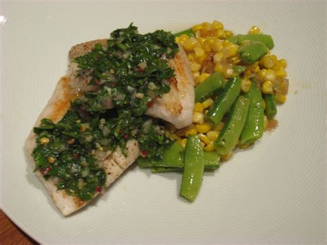 Halibut With Chimichurri Sauce With Sweet Corn And Snap Pea Summer Side