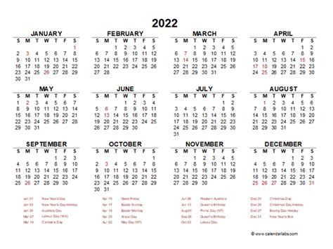 2022 Year At A Glance Calendar With Australia Holidays 2022 Uae