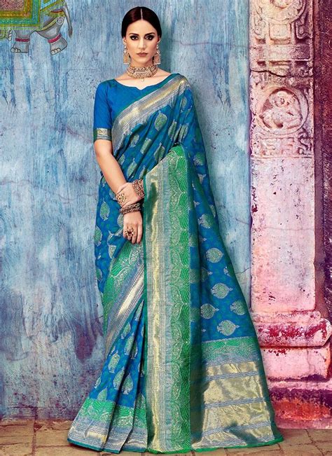 Multicolor Blue Silk Saree Features A Weaving Silk Saree Alongside An Art Silk Blouse Blue