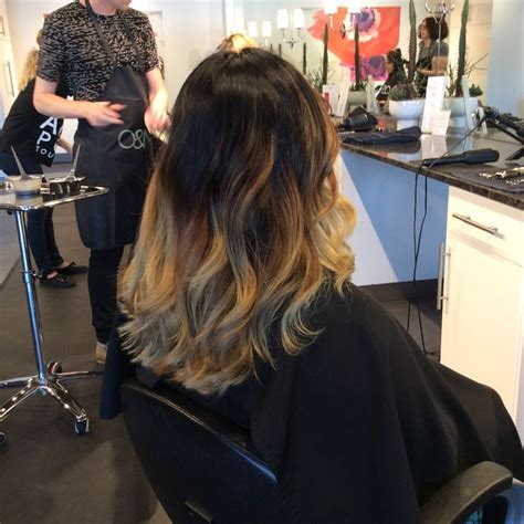 High contrast blended ombré balayage Dark brown root caramel mids and