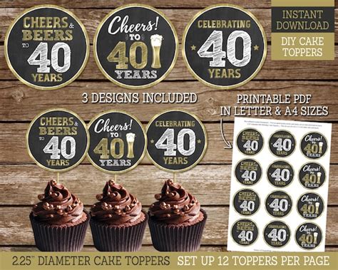 40th Birthday Cupcake Toppers Printable Cupcake Toppers For Etsy