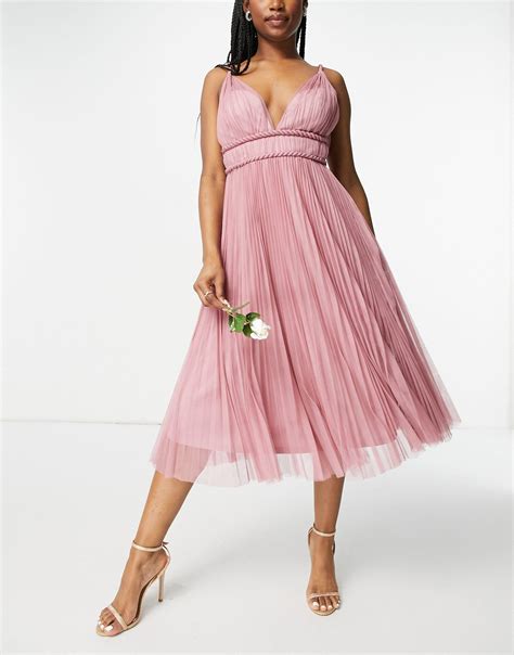 asos belted pleated tulle cami midi dress in pink lyst
