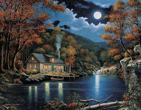 Moonlight Night Cabin Painting Lake Painting Cabin Art Landscape