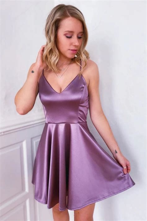 Cute V Neck Backless Purple Short Prom Dress Homecoming Dress Backles
