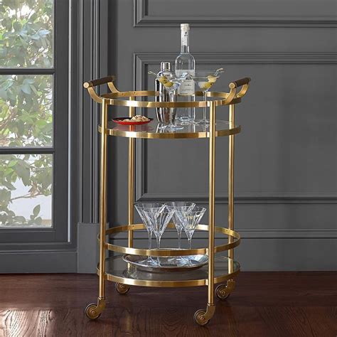 Truman Round Bar Cart Antique Brass Saddle Leather Williams Sonoma