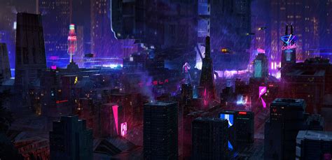 Cyberpunk Rain Building Neon Cityscape Night Flying Car Science