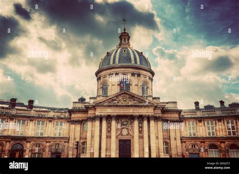 Institut De France In Paris Famous Cupola Dome Against Clouds Stock
