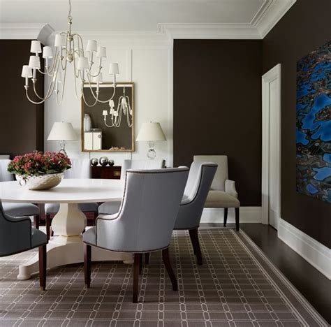Classic Dining Room With Very Dark Brown Walls Light Blue