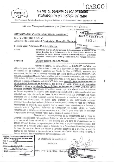 Huamalíes En La Noticia Carta Notarial Del Fredill A La Municipalidad