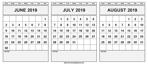 June July August Templates Example Calendar Printable