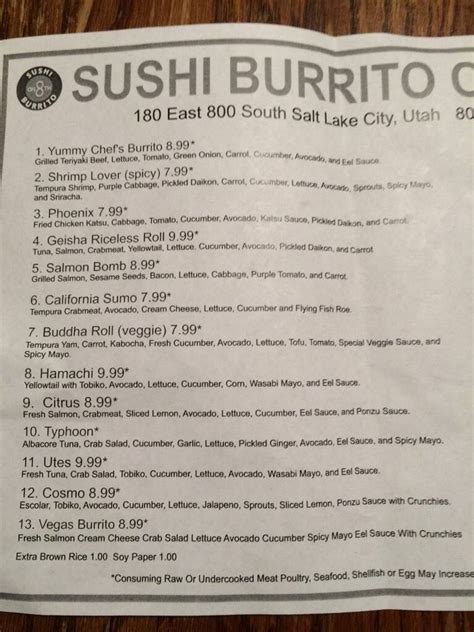 Menu At Sushi Burrito On 8th Restaurant Salt Lake City