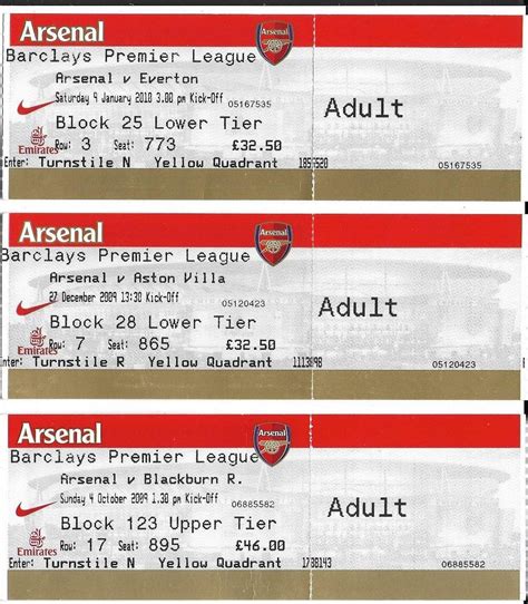3 Arsenal Football Tickets 2009 10 Season V Evertonaston Villa