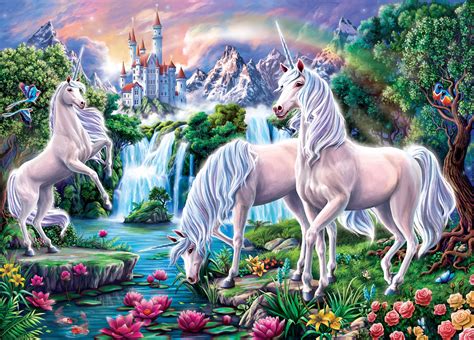 A Trio Of Unicorns Is Depicted In A Magical Landscape Complete With