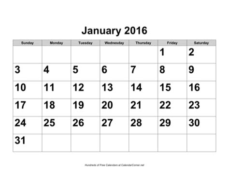 Free 2016 Large Number Calendar Landscape
