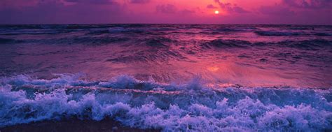 Download Wallpaper 2560x1024 Sea Sunset Horizon Surf Foam Clouds