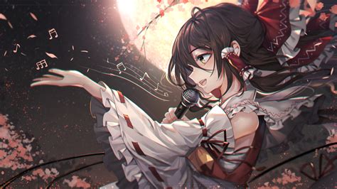 Wallpaper Singing Touhou Cherry Blossom Musical Notes Anime Hair