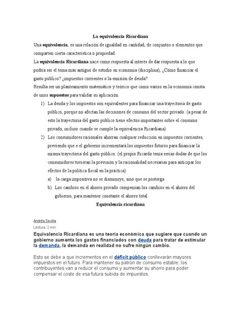 La Equivalencia Ricardiana Pdf La Política Fiscal Ahorro