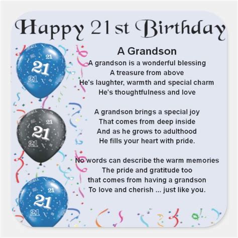Grandson Poem 21st Birthday Square Sticker