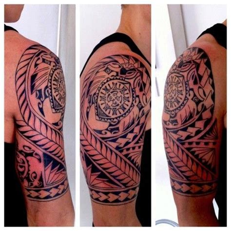 Guys Polynesian Half Sleeve Tattoo With Sea Turtle