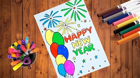 Happy New Year Drawing Easy New Year Greeting Card How To Draw