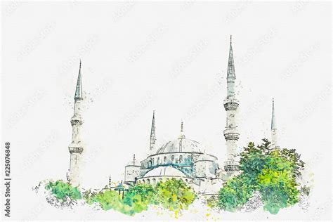 A Watercolor Sketch Or Illustration The Famous Blue Mosque In Istanbul