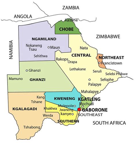 Botswana Map Showing Different Districts And Regions Download