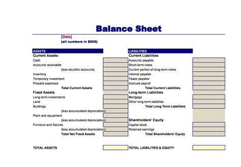 Balance Sheet Template Free Business Templates