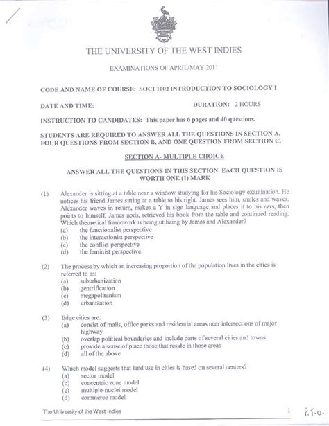 Introduction To Sociology Past Paper Multiple Choice Questions Uwi