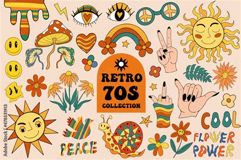 Retro S Vibe Hippie Stickers Psychedelic Groovy Elements Cartoon
