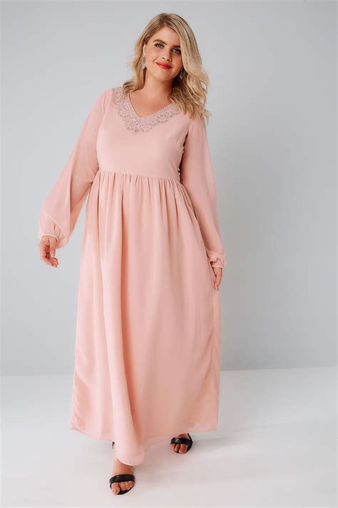 Blush Pink Chiffon Maxi Dress With Embellished V Neckline Plus Size 16 To 32