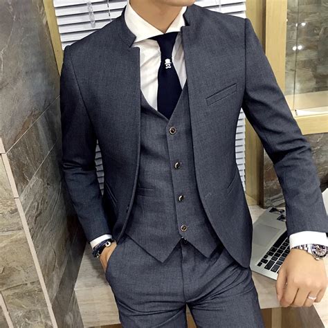 Latest Coat Pant Designs Stand Collar Pieces Grey Mens Formal Suits