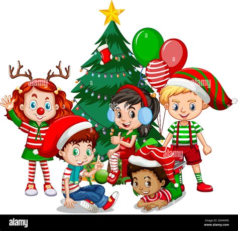 Children Wear Christmas Costume Cartoon Character With Christmas Tree