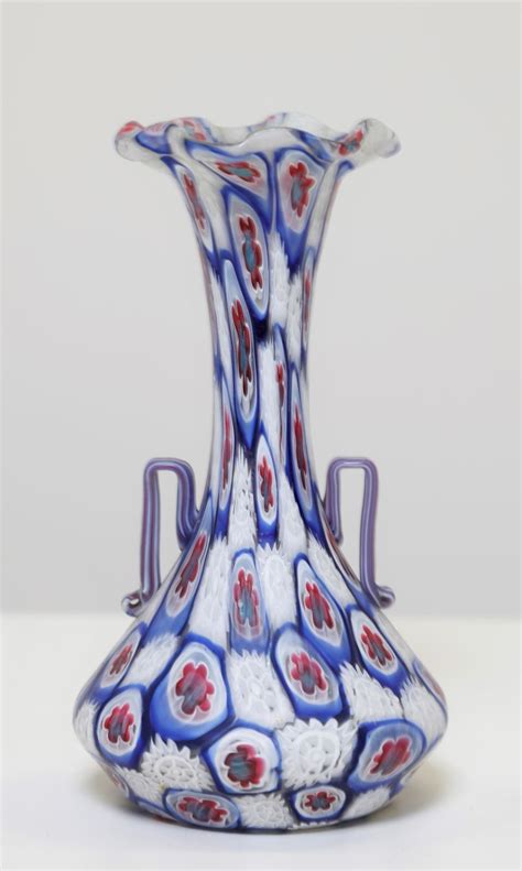 Lattimo And Red Light Blue Murrine Vase With Alternating Distribution Handles Applied