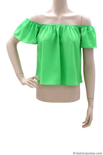 Cropped Short Sleeve Elastic Off The Shoulder Peasant Top Lime Green