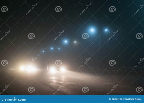 Road Night Fog Streetlights Headlights Stock Image Image Of