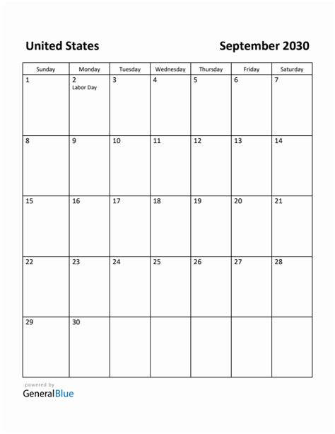 Free Printable September 2030 Calendar For United States