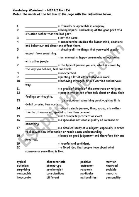 Esl Intermediate Vocabulary Worksheets